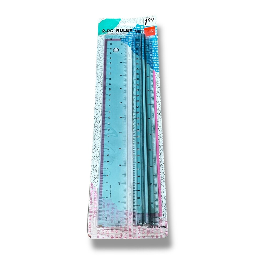 VTG 2pc Clear Blue Plastic Ruler Set 12” School Supplies 80s 90s New Sealed NOS